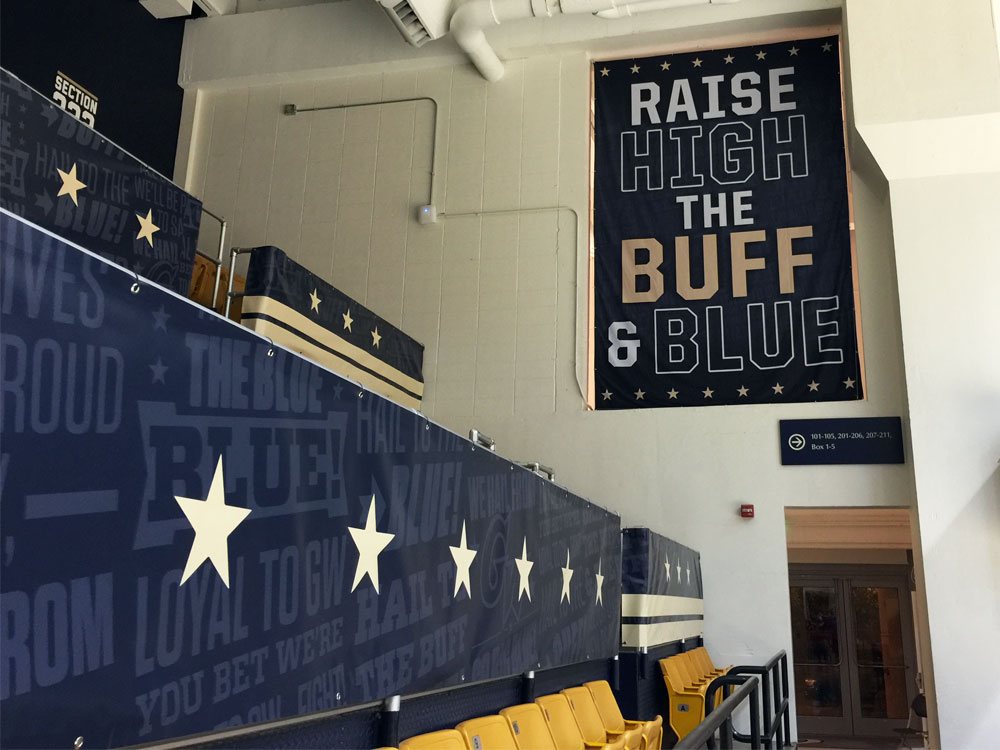 George Washington University Smith Center arena branding large format double sided fabric banners and railing banners